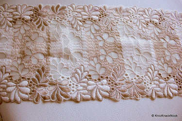 Off White And Light Brown Net Lace Trim With Embroidered Flowers 6 inches wide , Decorative Trim, Upholstery Trim